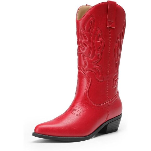 Shoes - Women's Red Mid Calf Western Embroidery Stitched Faux Leather Cowgirl Boots